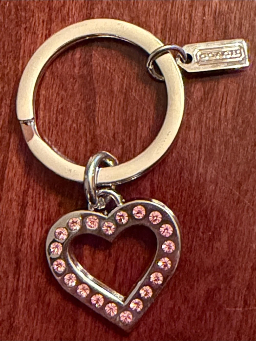 Coach Silver-Tone Key Ring with Pink Rhinestones